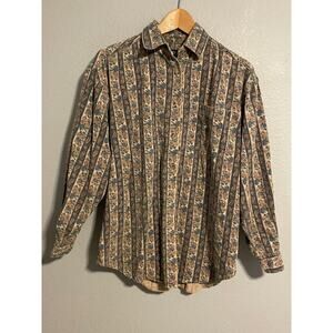 Vintage Solutions Shirt Mens Medium Beige Floral Twill Long Sleeve Button Up 90s